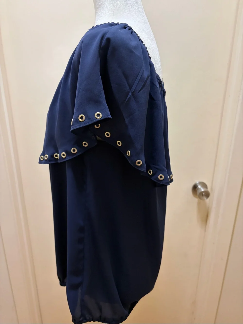 Michael Kors Navy Grommet-Trim Flutter Sleeve Blouse